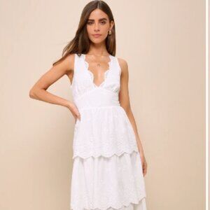 Sunshine Selection White Eyelet Embroidered Tiered Midi Dress
